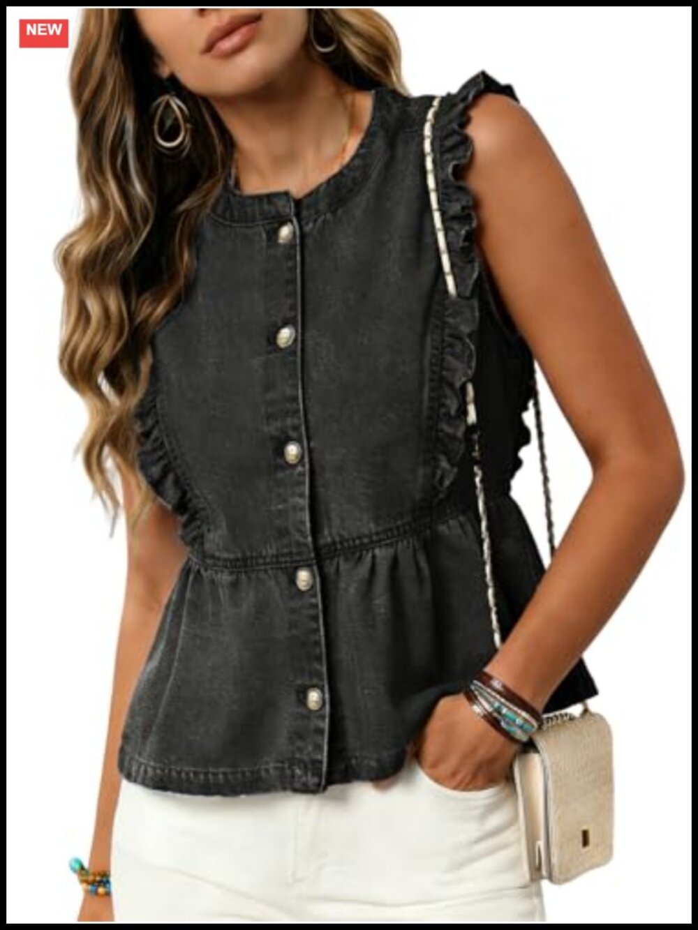 Trendy Ruffle Sleeveless Denim Vest Women Button Down Jean Vest Top